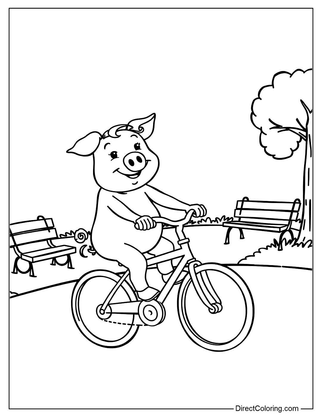 Pig Riding a Bicycle in the Park Coloring Page